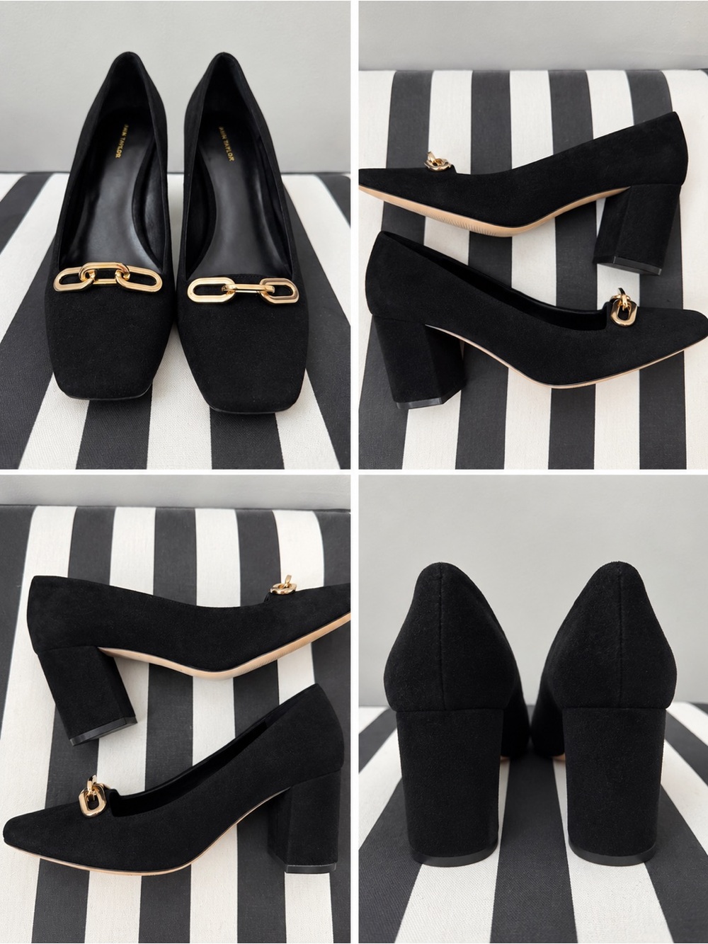 Classic Black Block Heel Pumps with Gold Chain Accent